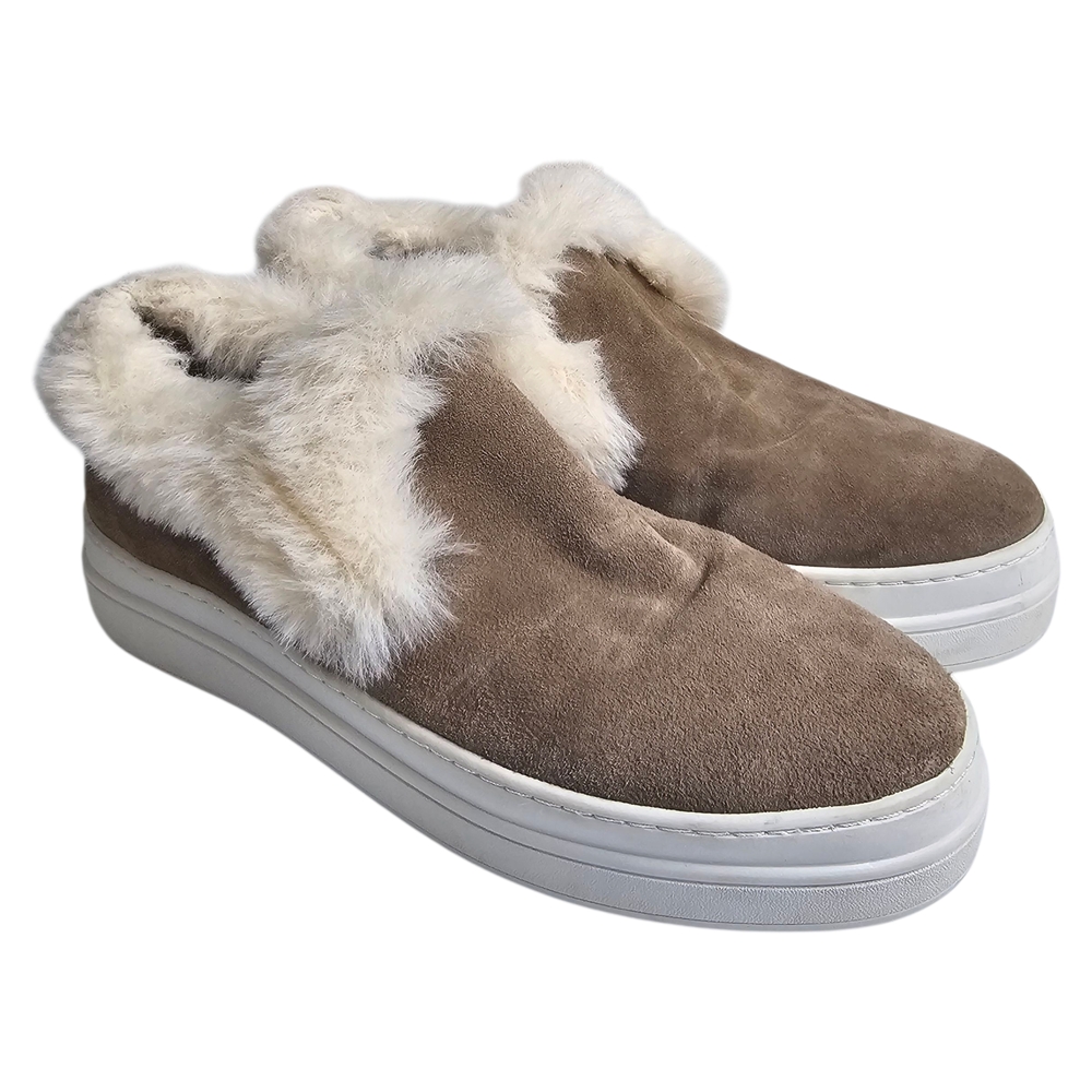 J/SLIDES Tan Suede Leather Faux Fur Cozy Soft Slip On Platform Sneakers Size 7.5